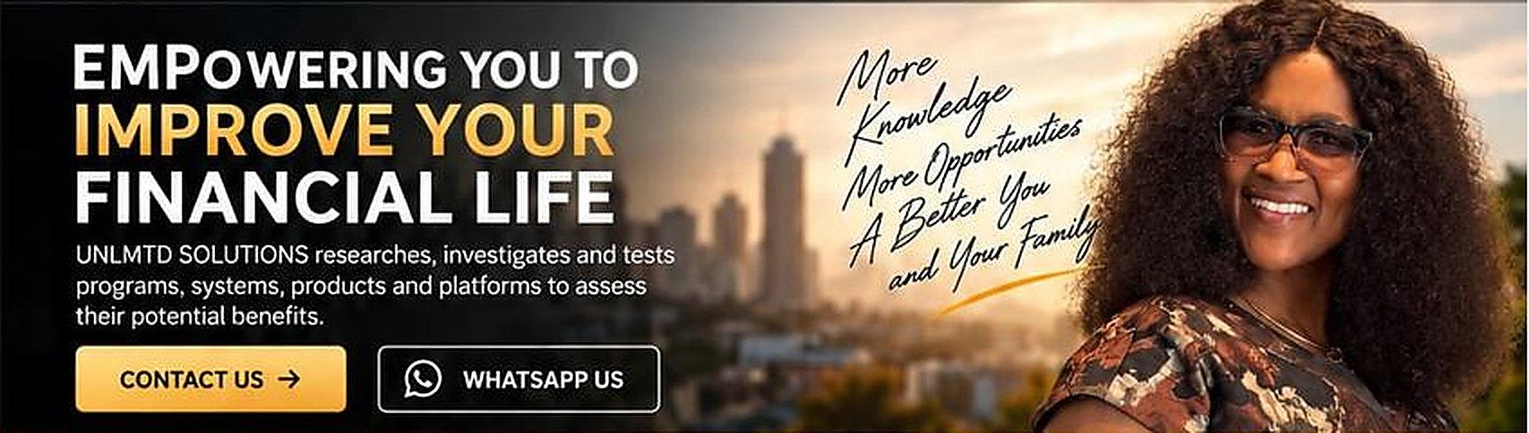 UNLMTD Solutions: empowering you to improve your financial life, with a warm city skyline and the founder's portrait